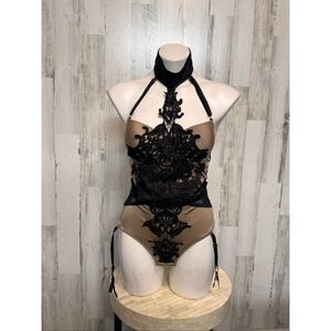 Ooh La La Paris Black Lace Applique Satin Sheer Bodysuit Lingerie Size M